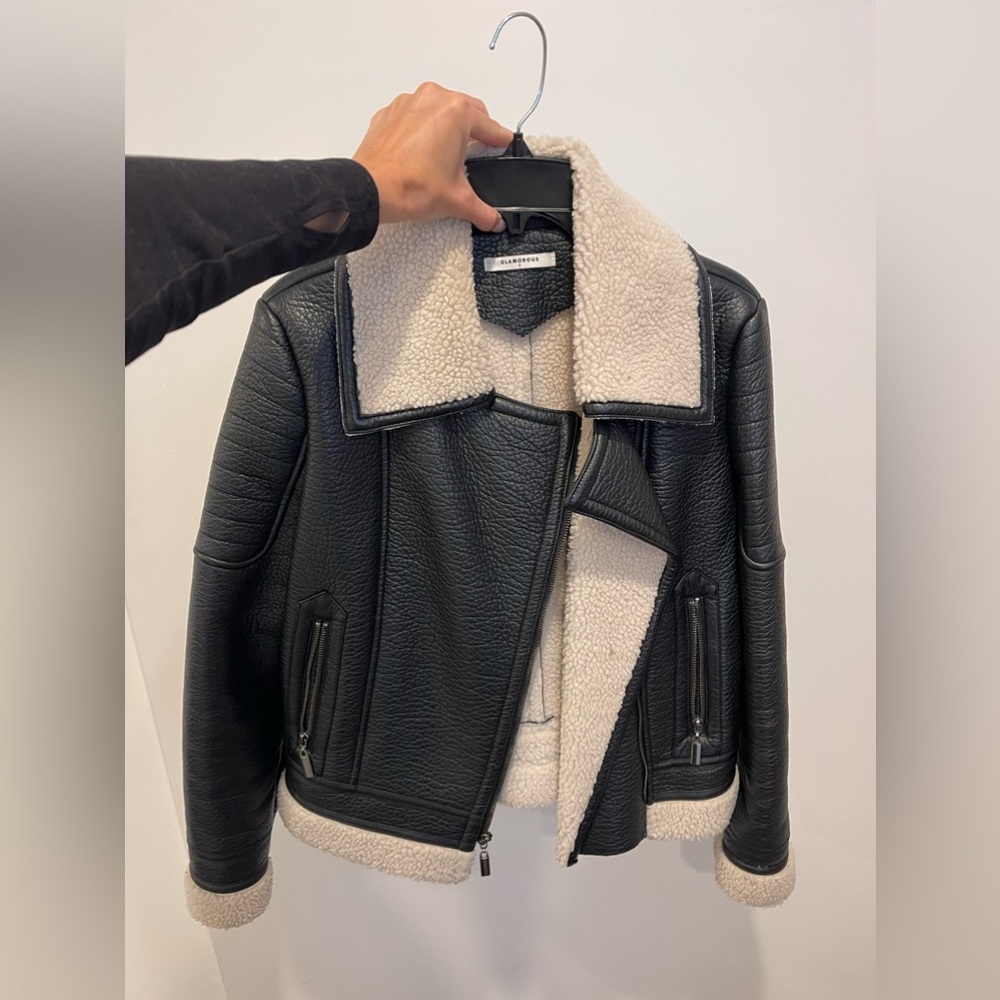 Black leather Sherpa lined bomber jacket